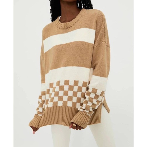 Beach Riot Sweaters - Beach Riot Callie Colorblock Checkered Striped Tan White Crewneck Sweater